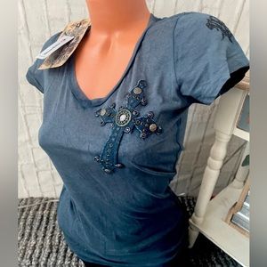 NWT! Buckle Velvet Stone Top Women's Studded Jewel Cross Sz S MFRP $59.95